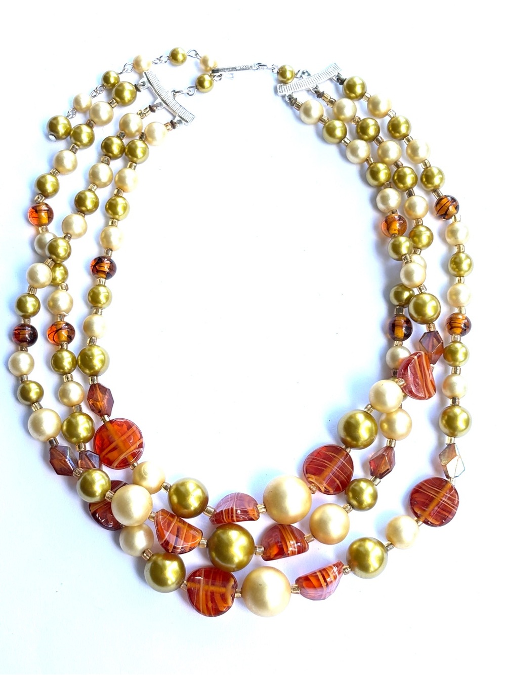 Vintage Japan 1950s 3 Strand Faux Pearl Art Glass Beaded Necklace Orange Gold